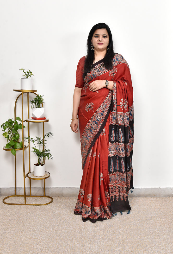 DVIJA  : AJRAKH HANDBLOCK MODAL SILK SAREE