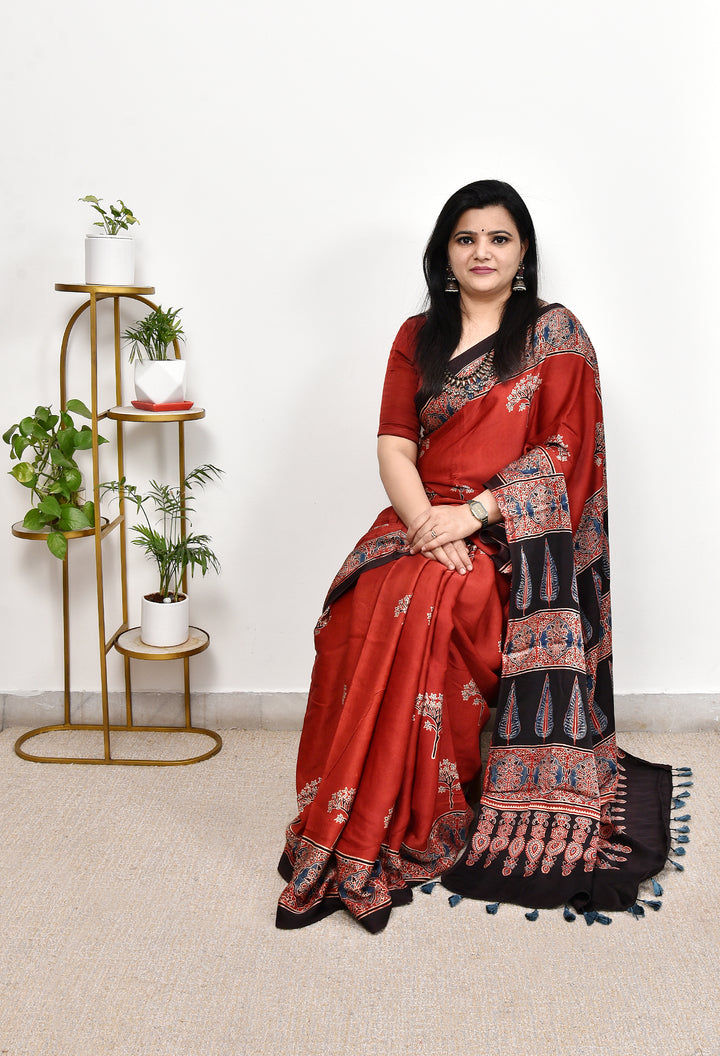 DVIJA  : AJRAKH HANDBLOCK MODAL SILK SAREE