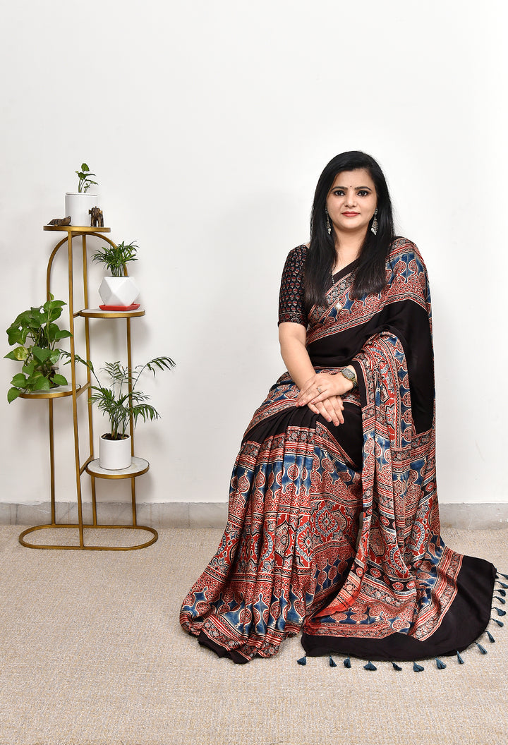 INAKSHI  : AJRAKH HANDBLOCK MODAL SILK SAREE
