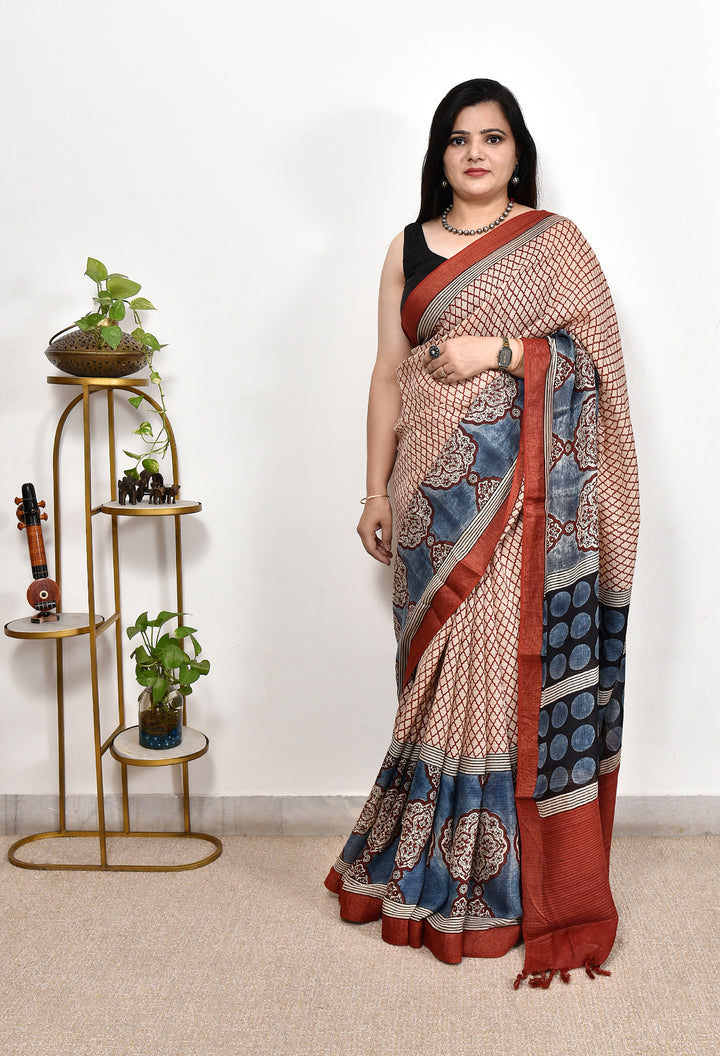 JHARNA : AJRAKH HANDBLOCK KOTA MULBERRY SILK SAREE