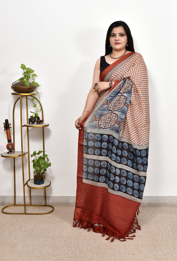 JHARNA : AJRAKH HANDBLOCK KOTA MULBERRY SILK SAREE