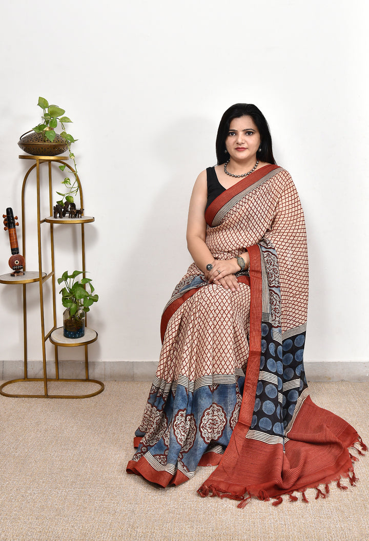 JHARNA : AJRAKH HANDBLOCK KOTA MULBERRY SILK SAREE