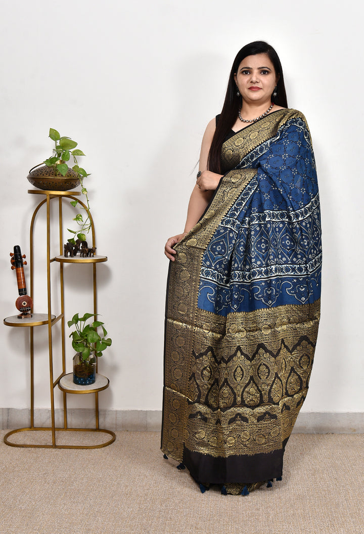 DIMPY : AJRAKH DOLA SILK SAREE WITH NAKSHI ZARI PALLU