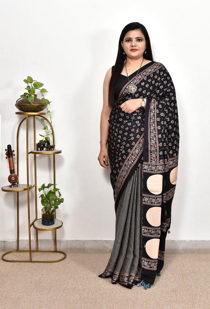 WARIKA : AJRAKH HANDBLOCK MODAL SILK SAREE