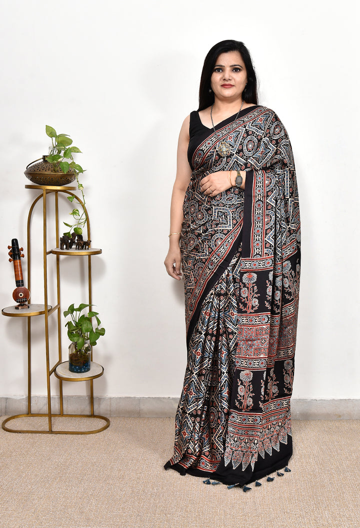 MAAYA  : AJRAKH HANDBLOCK MODAL SILK SAREE