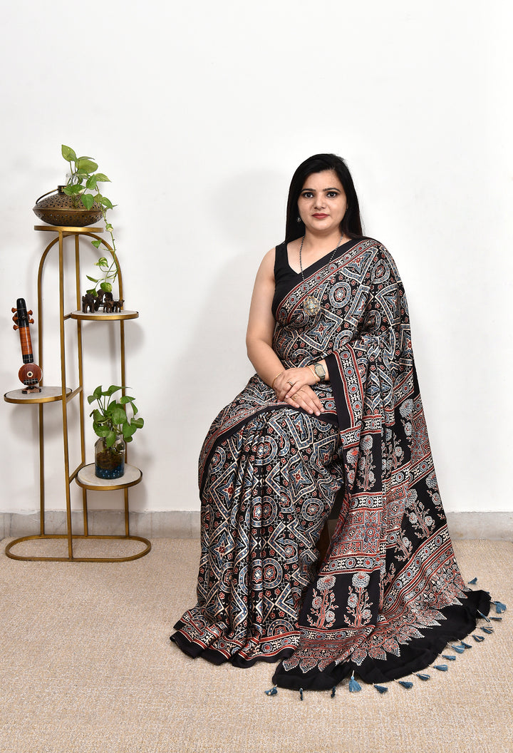MAAYA  : AJRAKH HANDBLOCK MODAL SILK SAREE