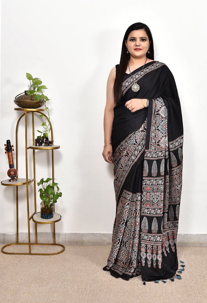 ABHILA : AJRAKH HANDBLOCK MODAL SILK SAREE