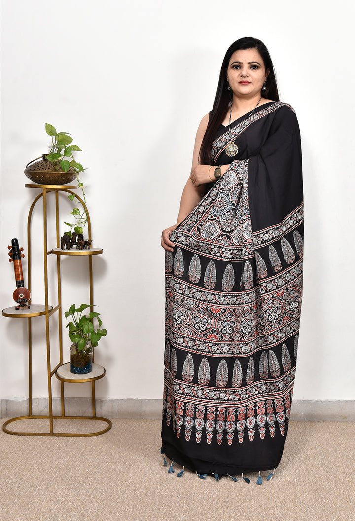 ABHILA : AJRAKH HANDBLOCK MODAL SILK SAREE