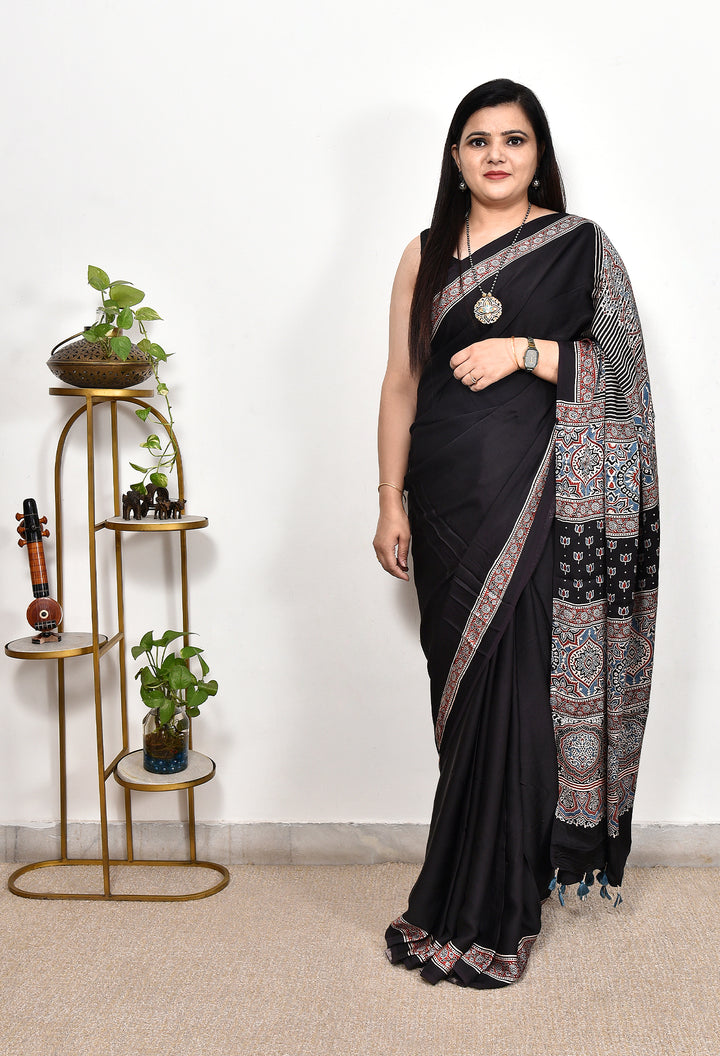 ISIBHA : AJRAKH HANDBLOCK MODAL SILK SAREE