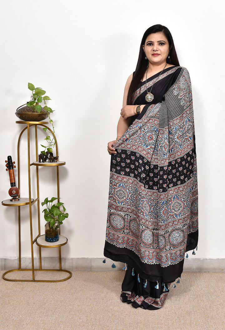 ISIBHA : AJRAKH HANDBLOCK MODAL SILK SAREE