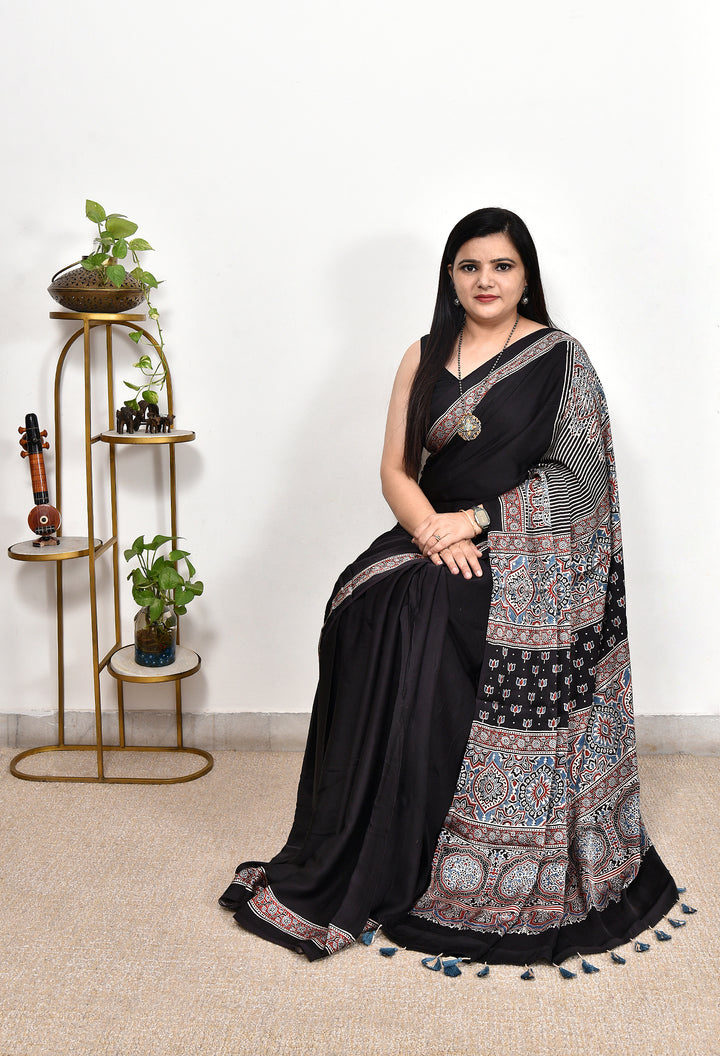 ISIBHA : AJRAKH HANDBLOCK MODAL SILK SAREE