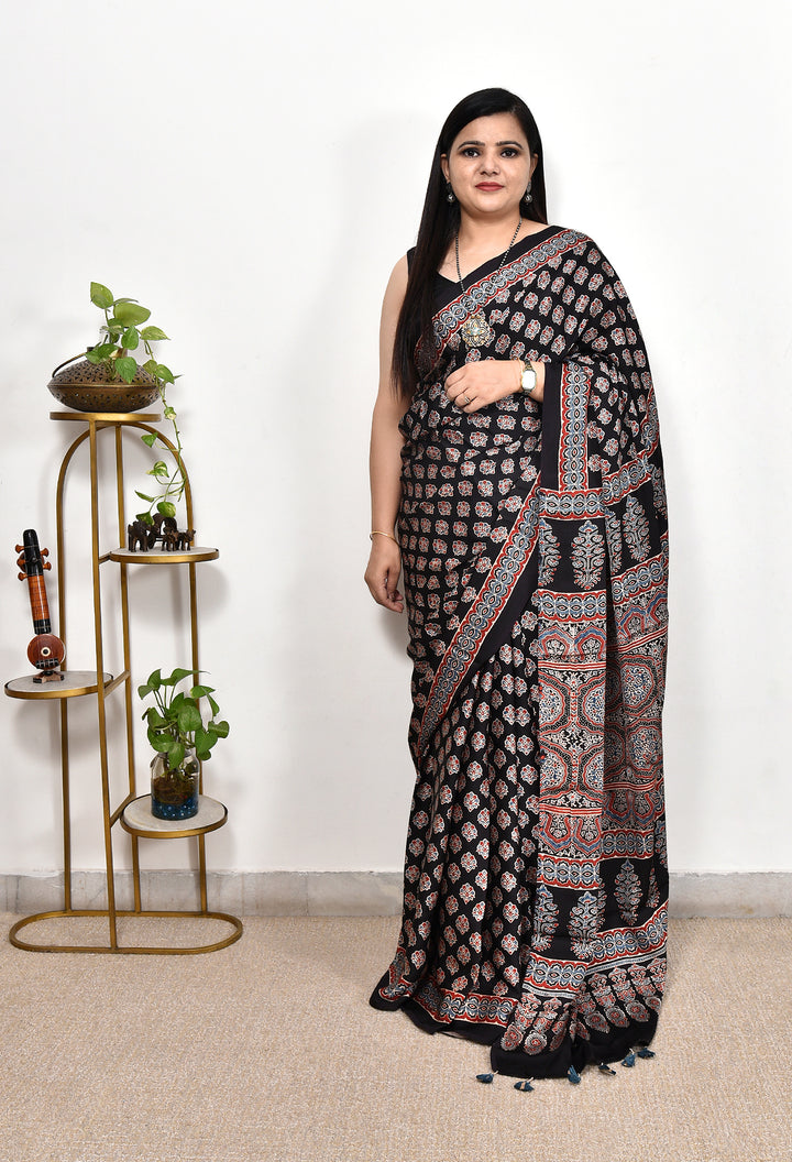 RITUJHA : AJRAKH HANDBLOCK MODAL SILK SAREE