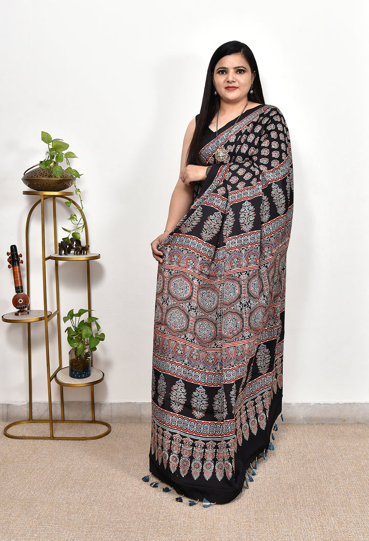 RITUJHA : AJRAKH HANDBLOCK MODAL SILK SAREE
