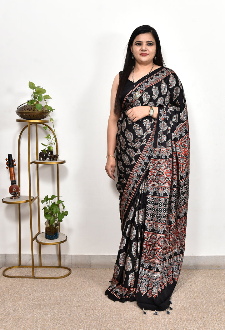 MAYAIRI : AJRAKH HANDBLOCK MODAL SILK SAREE