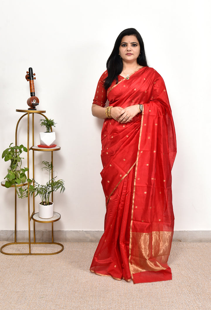 RUDRAKSHI : HANDWOVEN CHANDERI SILK SAREE WITH ZARI BOOTIS ALL OVER