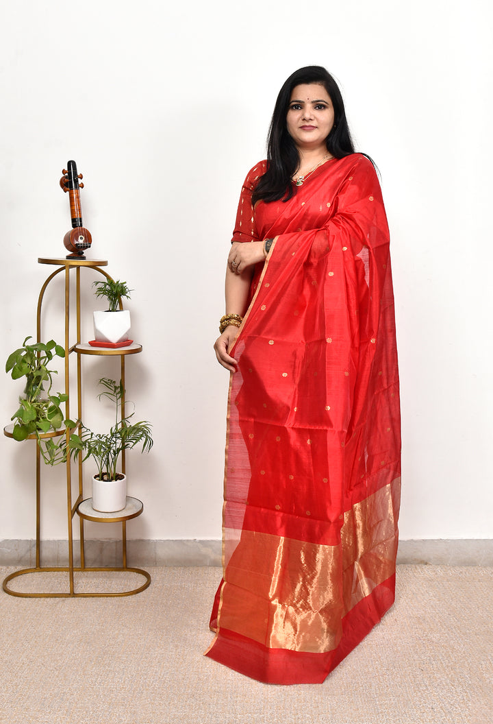 RUDRAKSHI : HANDWOVEN CHANDERI SILK SAREE WITH ZARI BOOTIS ALL OVER