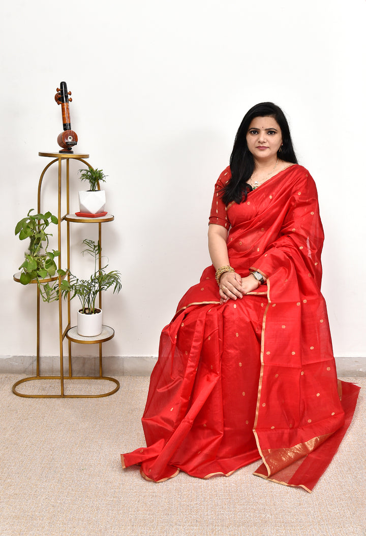RUDRAKSHI : HANDWOVEN CHANDERI SILK SAREE WITH ZARI BOOTIS ALL OVER
