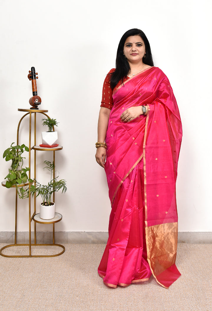 SONALIKA : HANDWOVEN CHANDERI SILK SAREE WITH ZARI BOOTIS ALL OVER