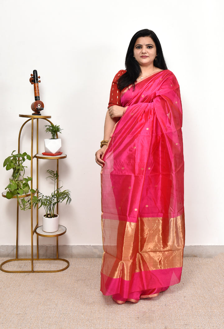 SONALIKA : HANDWOVEN CHANDERI SILK SAREE WITH ZARI BOOTIS ALL OVER