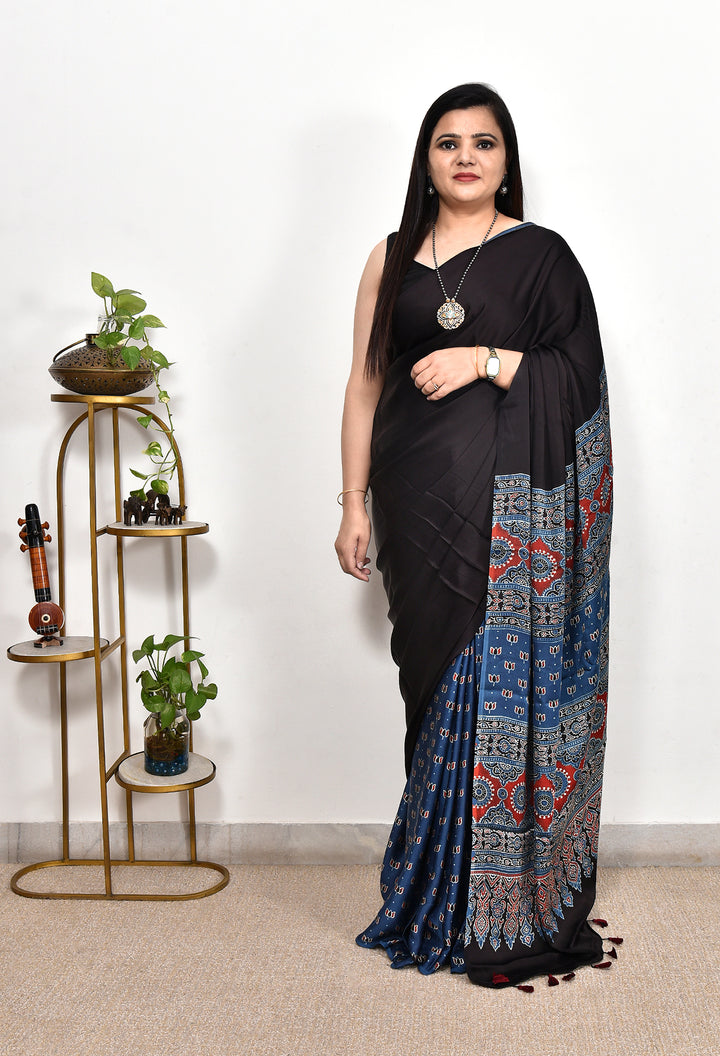 TRIYAMA : AJRAKH HANDBLOCK MODAL SILK SAREE