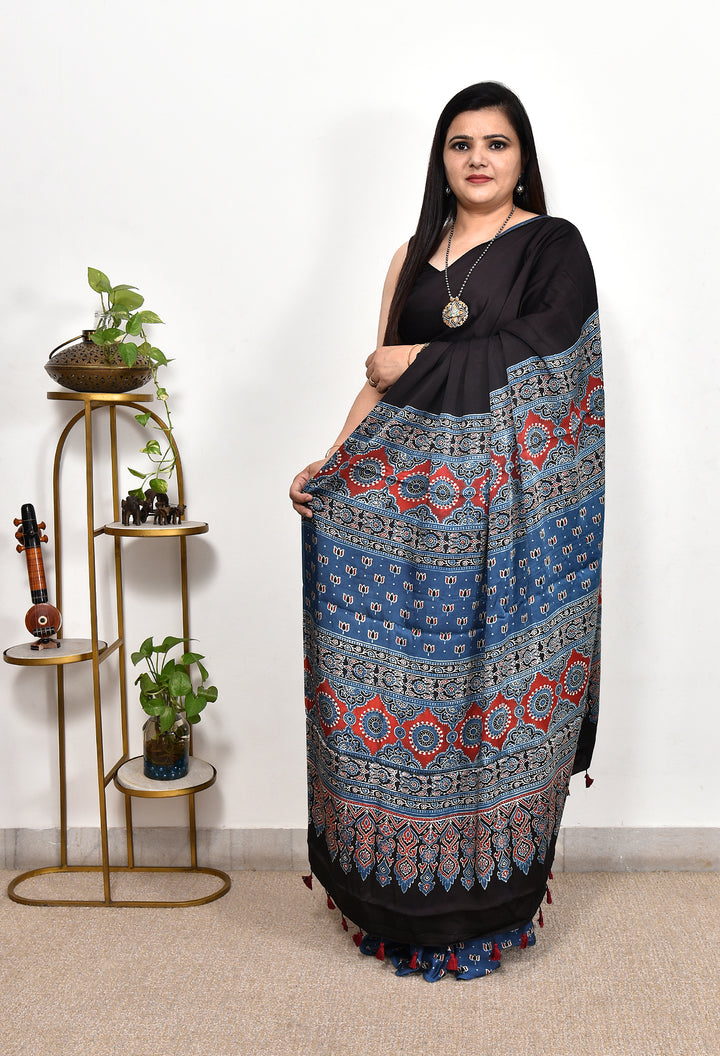 TRIYAMA : AJRAKH HANDBLOCK MODAL SILK SAREE