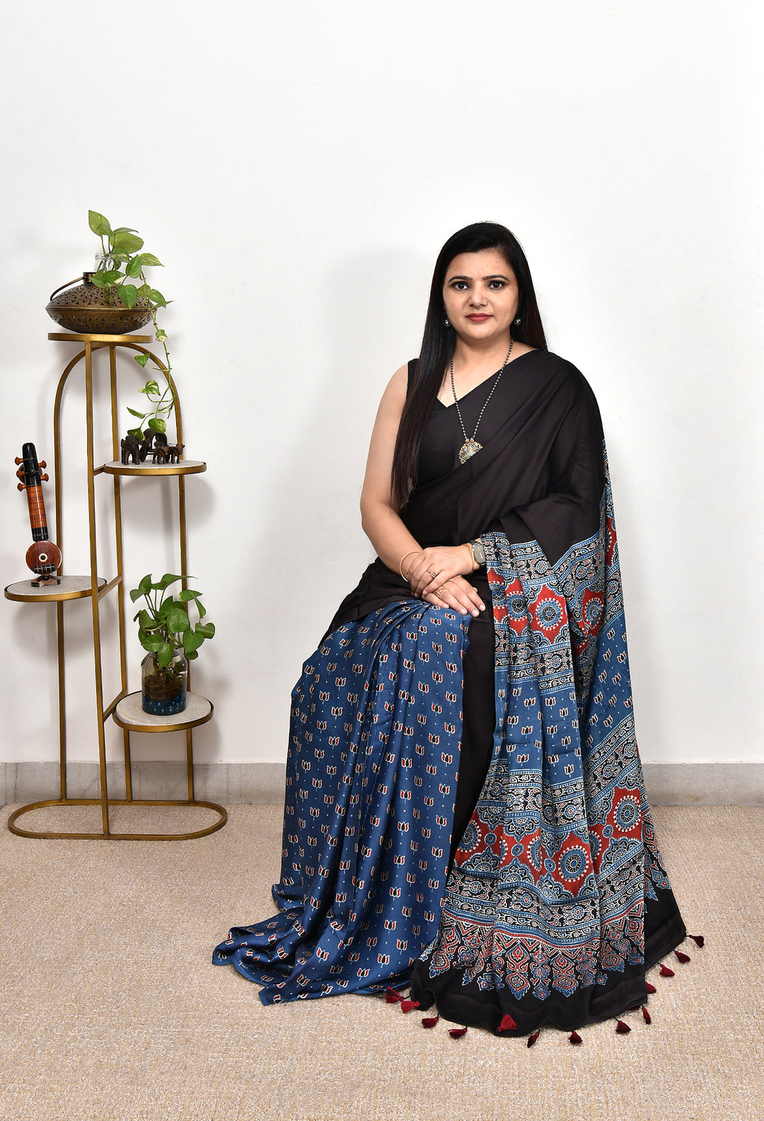 TRIYAMA : AJRAKH HANDBLOCK MODAL SILK SAREE