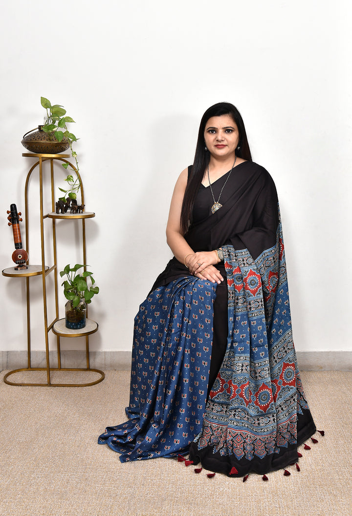 TRIYAMA : AJRAKH HANDBLOCK MODAL SILK SAREE