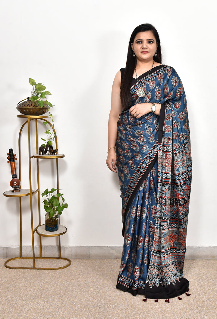 RISHUDI : AJRAKH HANDBLOCK MODAL SILK SAREE