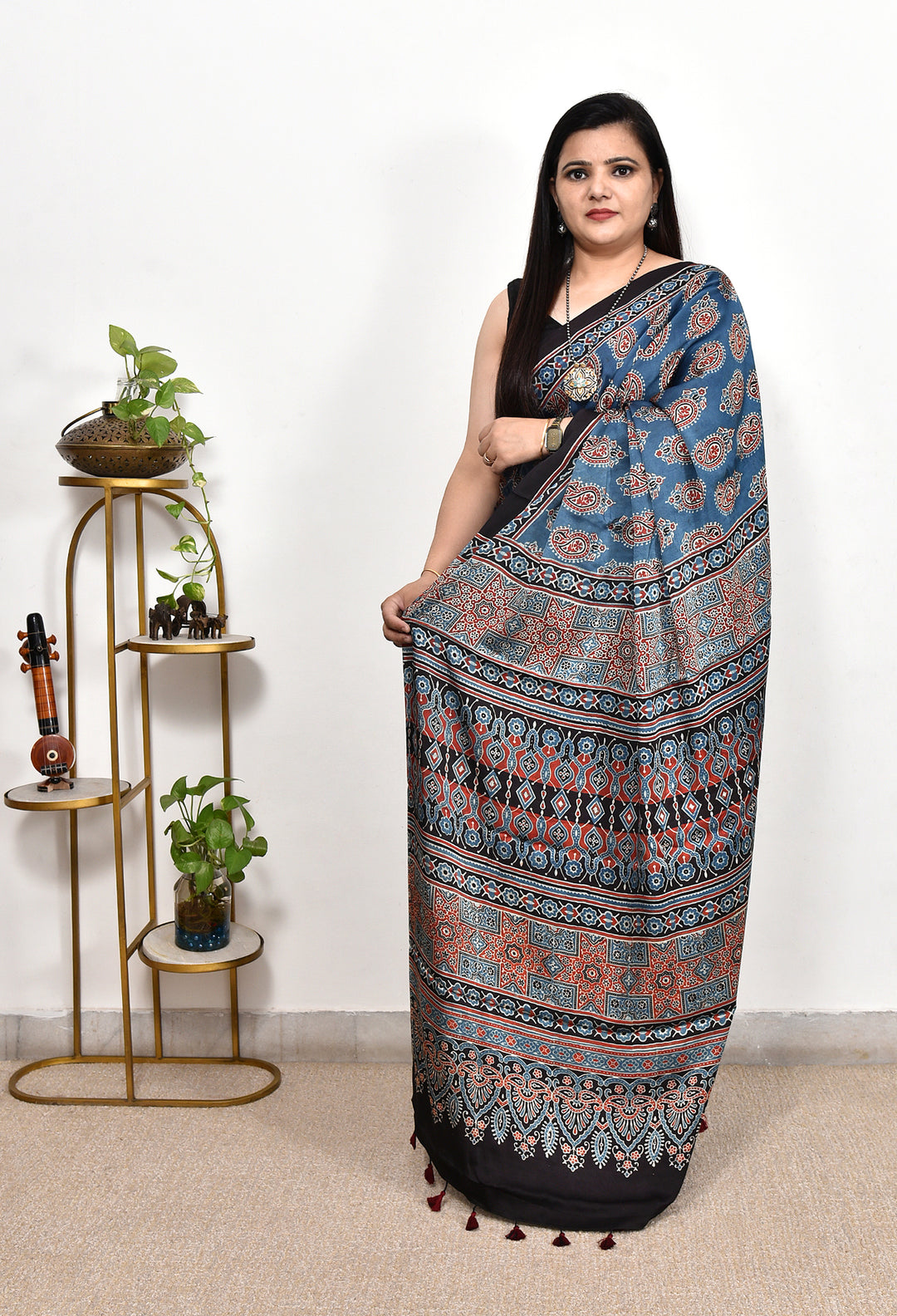 RISHUDI : AJRAKH HANDBLOCK MODAL SILK SAREE