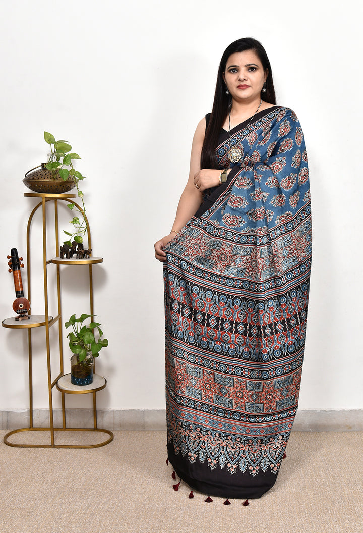 RISHUDI : AJRAKH HANDBLOCK MODAL SILK SAREE