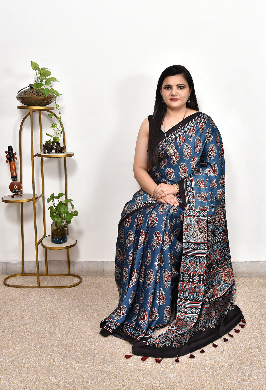 RISHUDI : AJRAKH HANDBLOCK MODAL SILK SAREE