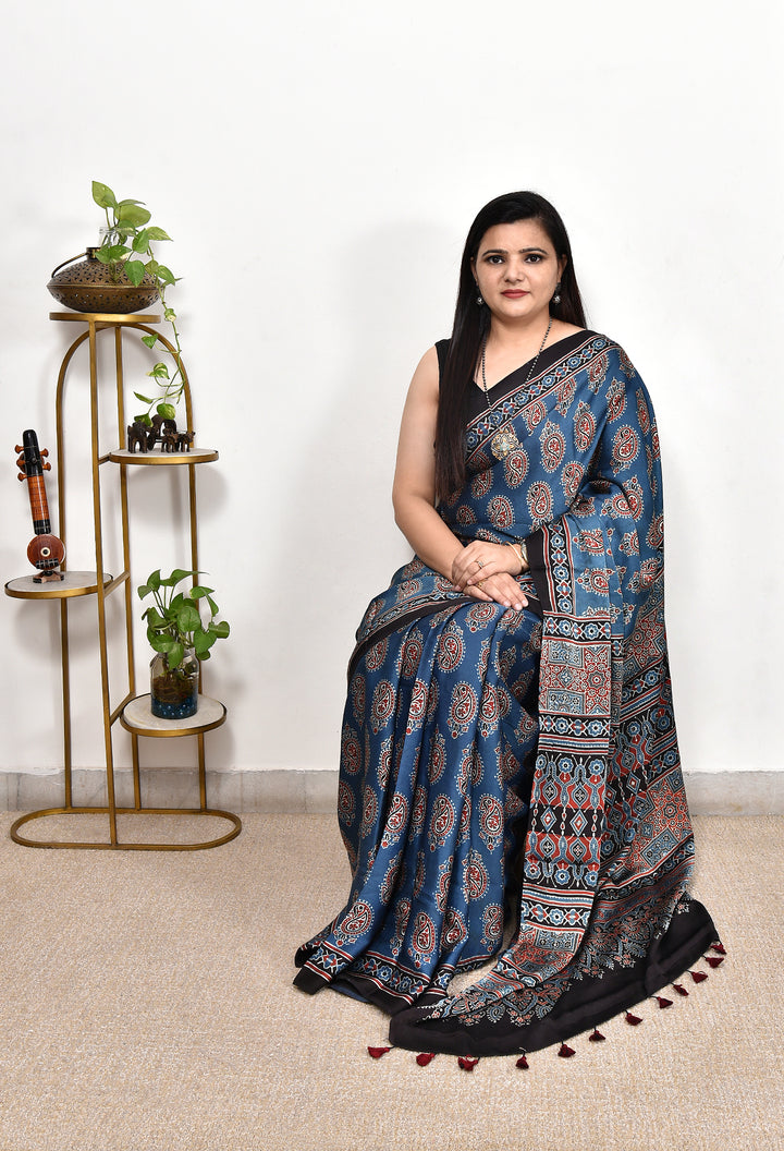 RISHUDI : AJRAKH HANDBLOCK MODAL SILK SAREE
