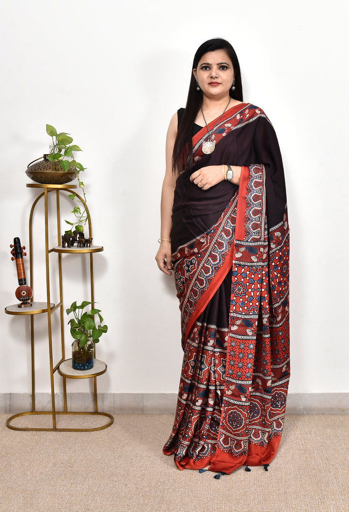 SURIMA : AJRAKH HANDBLOCK MODAL SILK SAREE