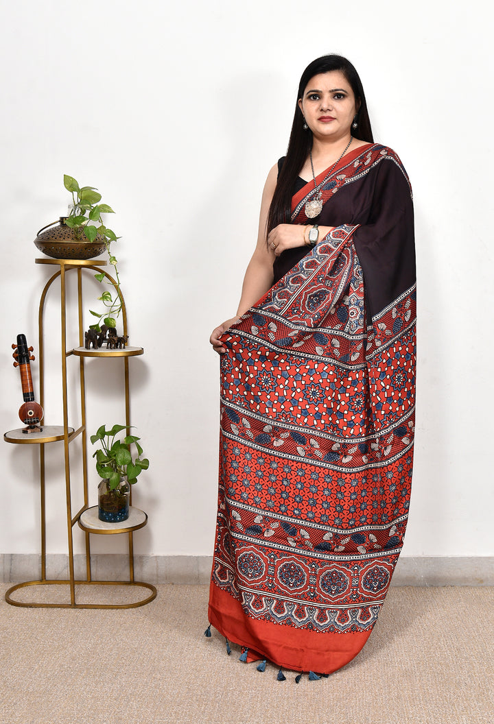 SURIMA : AJRAKH HANDBLOCK MODAL SILK SAREE