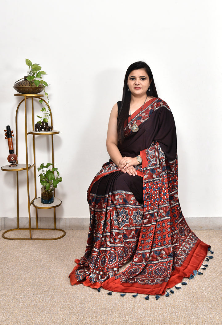 SURIMA : AJRAKH HANDBLOCK MODAL SILK SAREE