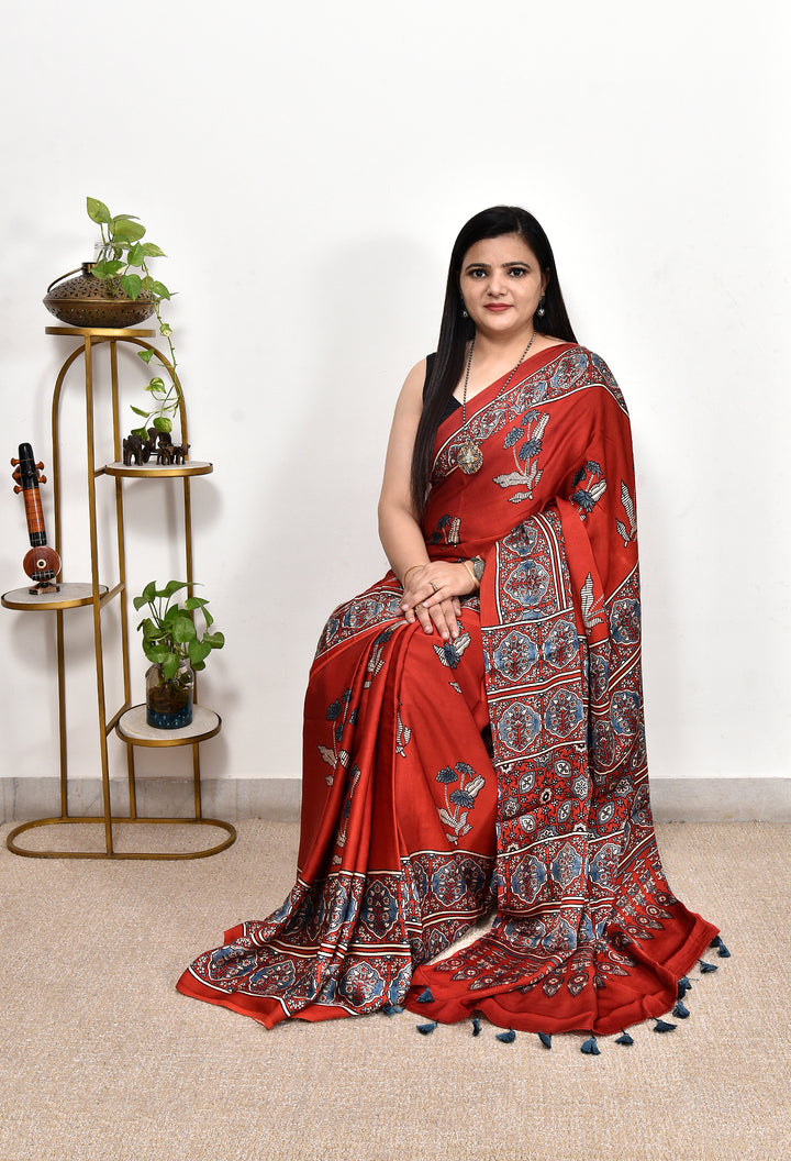 MAHISHMA : AJRAKH HANDBLOCK MODAL SILK SAREE