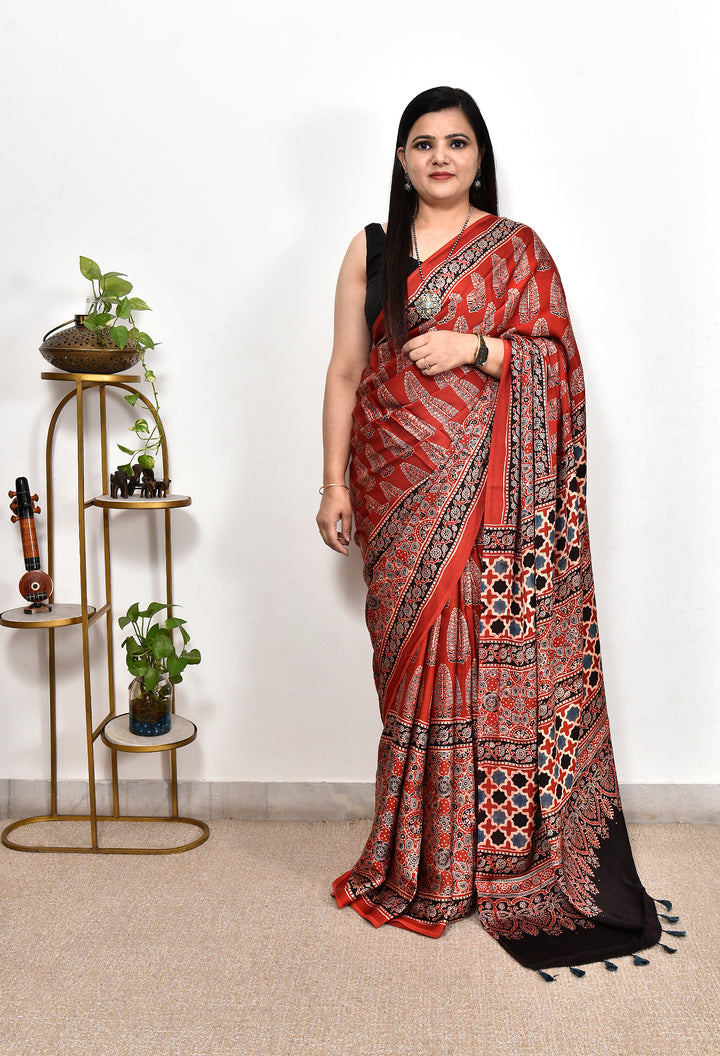 ALAYAA : AJRAKH HANDBLOCK MODAL SILK SAREE