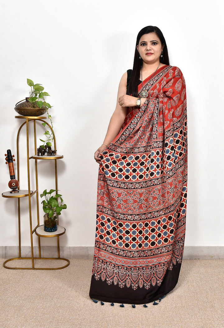 ALAYAA : AJRAKH HANDBLOCK MODAL SILK SAREE