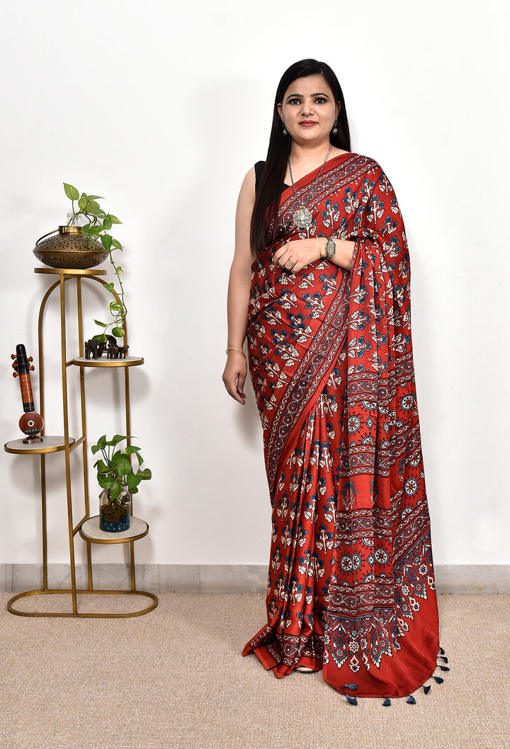 UMASHI : AJRAKH HANDBLOCK MODAL SILK SAREE