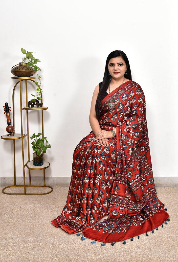 UMASHI : AJRAKH HANDBLOCK MODAL SILK SAREE
