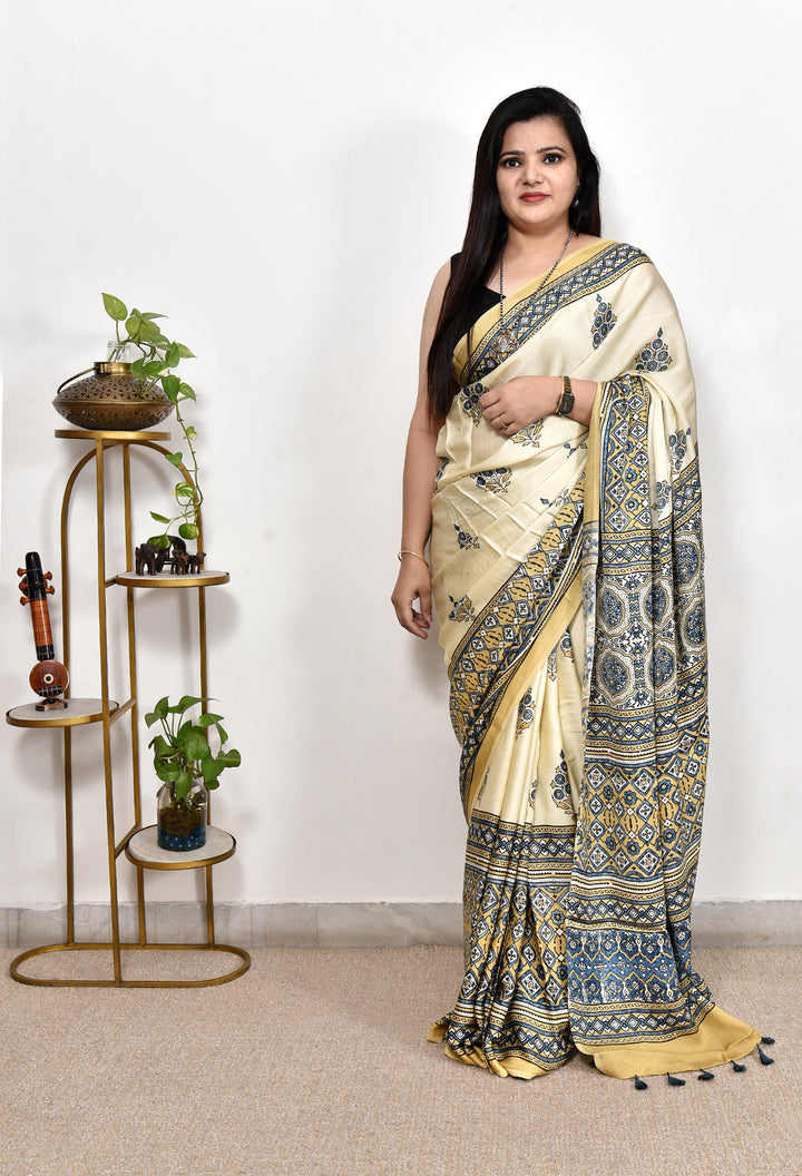 HIYANKI : AJRAKH HANDBLOCK MODAL SILK SAREE
