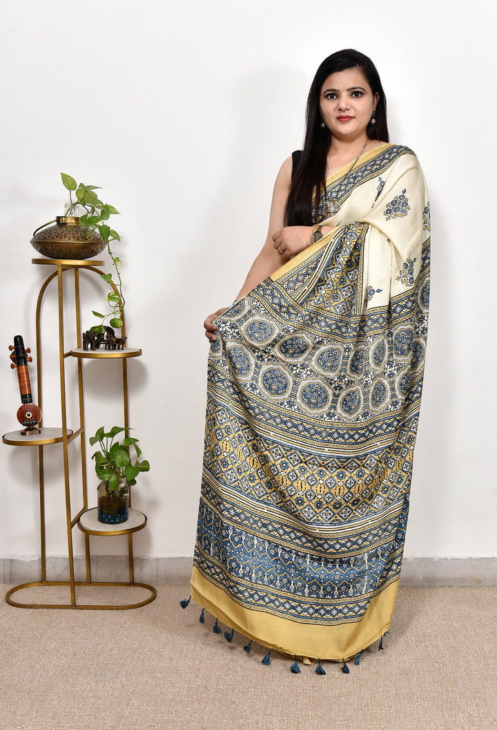 HIYANKI : AJRAKH HANDBLOCK MODAL SILK SAREE