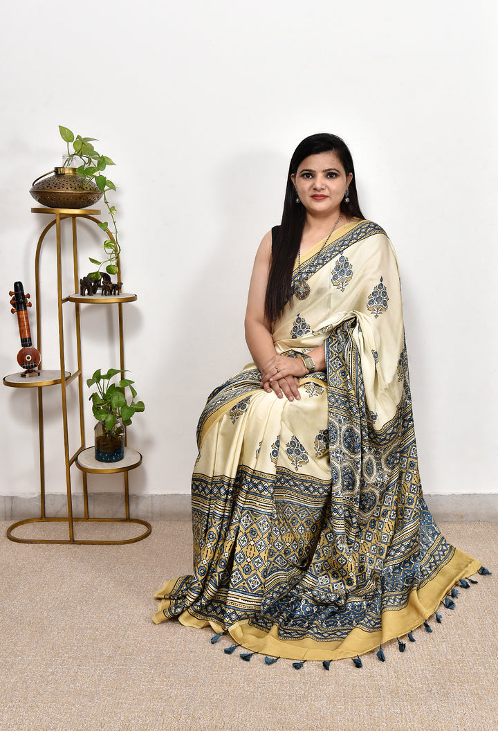 HIYANKI : AJRAKH HANDBLOCK MODAL SILK SAREE