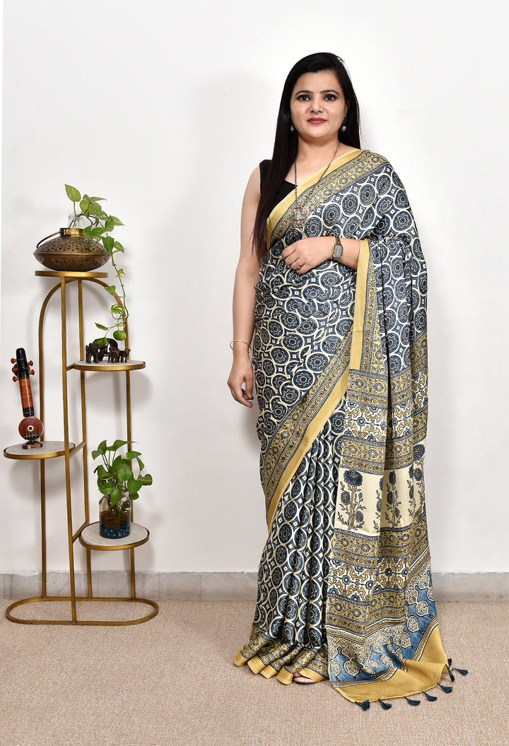 ANAHITA : AJRAKH HANDBLOCK MODAL SILK SAREE