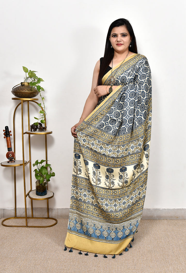 ANAHITA : AJRAKH HANDBLOCK MODAL SILK SAREE