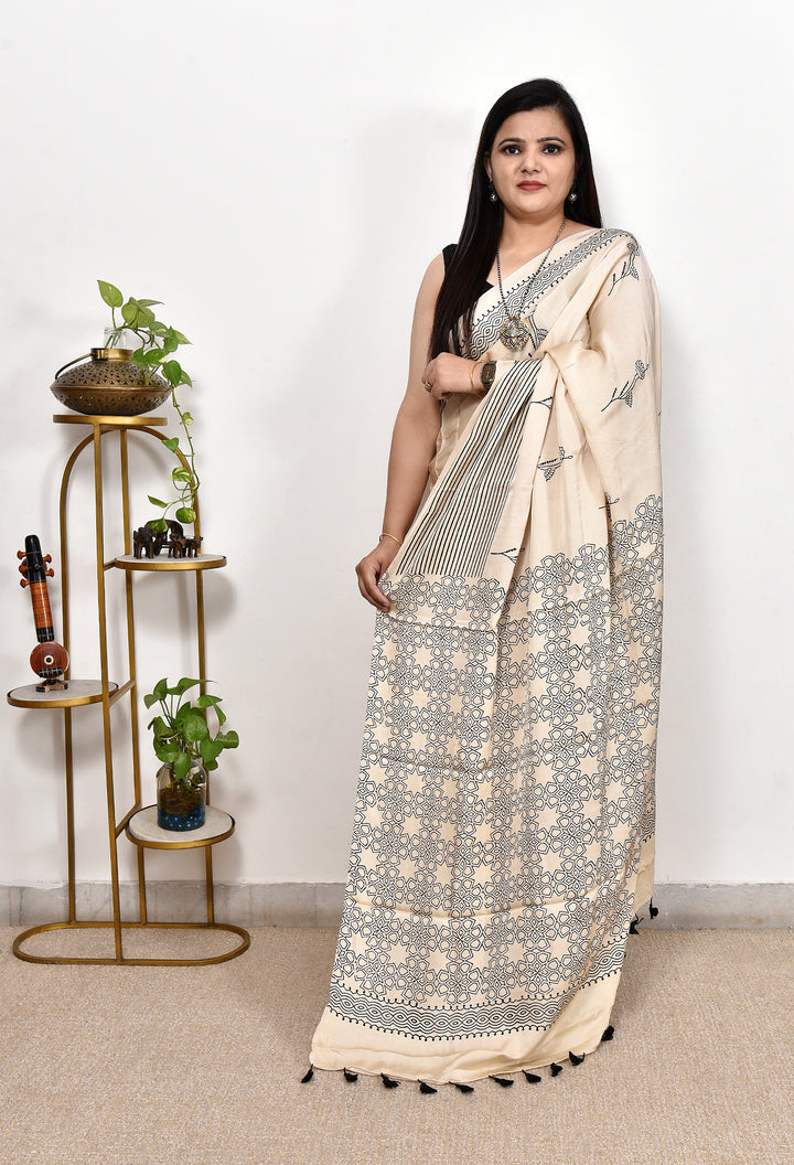 BINIKA : AJRAKH HANDBLOCK MODAL SILK SAREE