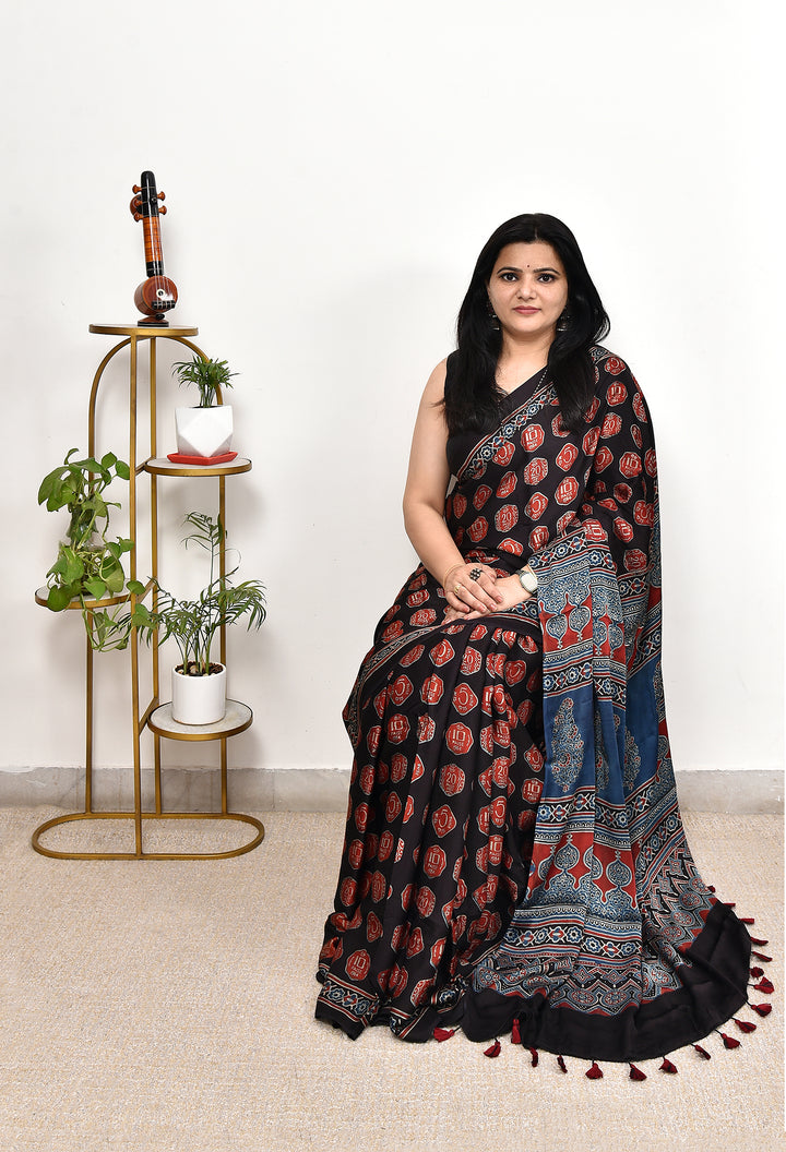 MITAL : AJRAKH HANDBLOCK MODAL SILK SAREE