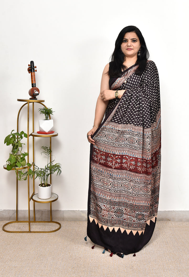 CHANDRESHI : AJRAKH HANDBLOCK MODAL SILK SAREE