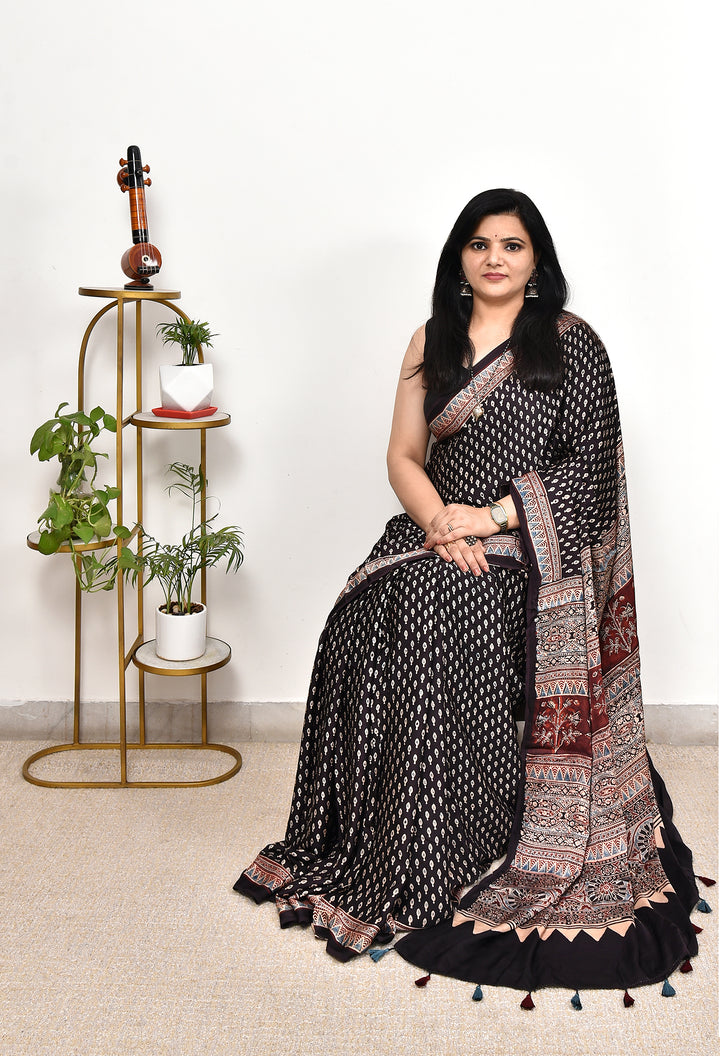 CHANDRESHI : AJRAKH HANDBLOCK MODAL SILK SAREE