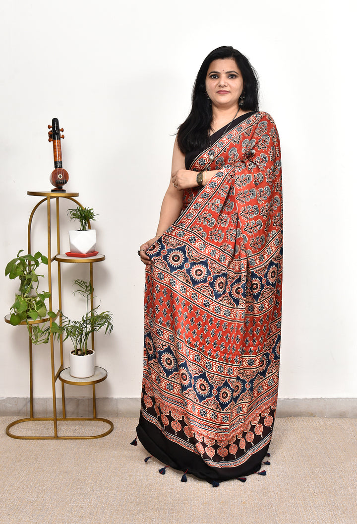 ENIYA : AJRAKH HANDBLOCK MODAL SILK SAREE